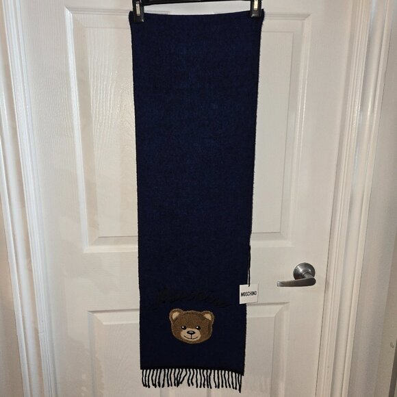 Moschino Teddy Bear-Embroidered Wool Scarf - Blue (Unisex) - Picture 1 of 6
